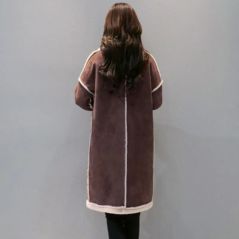 Новая зимняя женская замшевая куртка с искусственным мехом из искусственной оленины, длинная куртка из шерсти, толстая парка из искусственного ягненка OK409.
