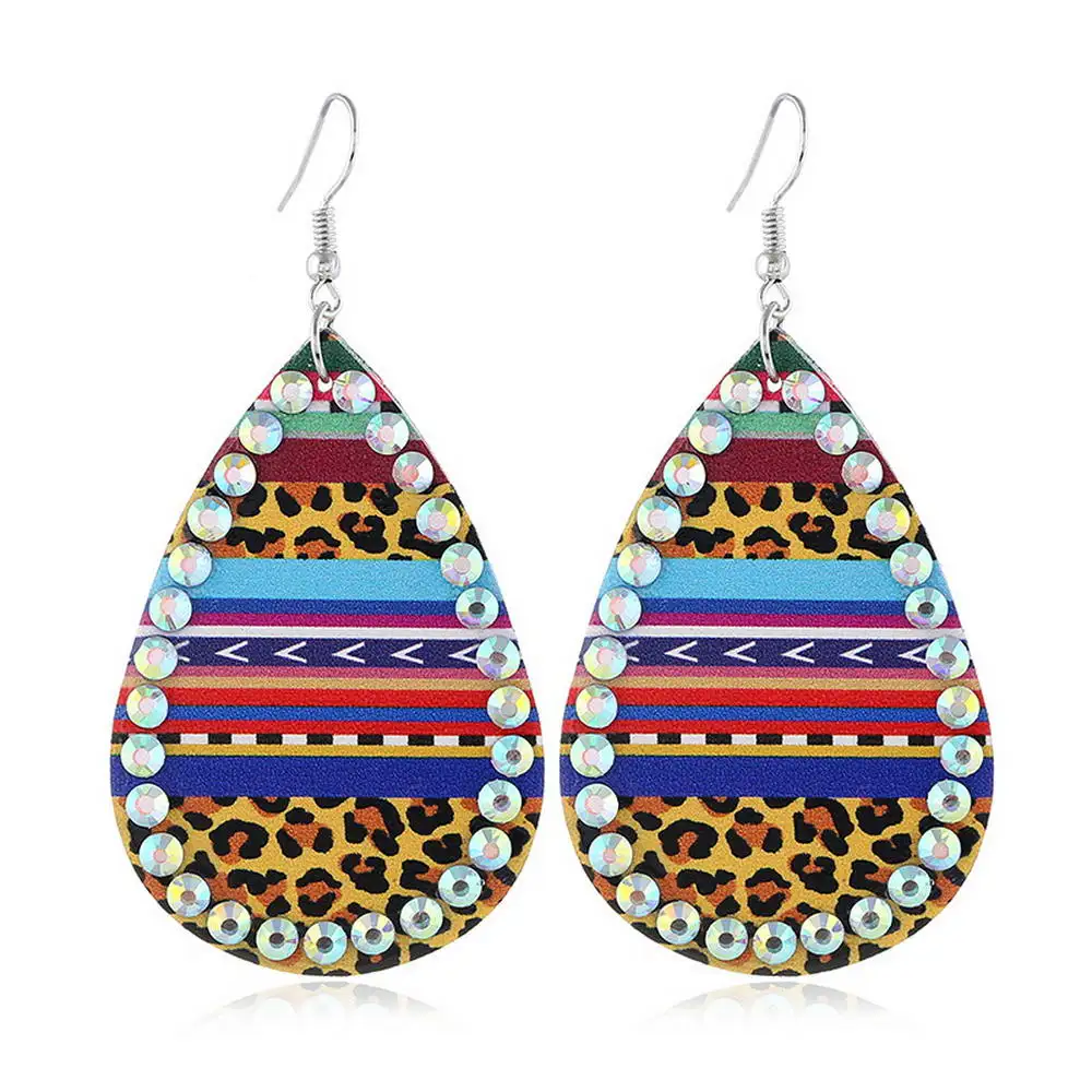 

ZWPON Pave AB Crystal Leopard Leather Earrings for Women 2020 New Arrival Rainbow Strip Leather Teardrop Earrings Jewelry Gifts