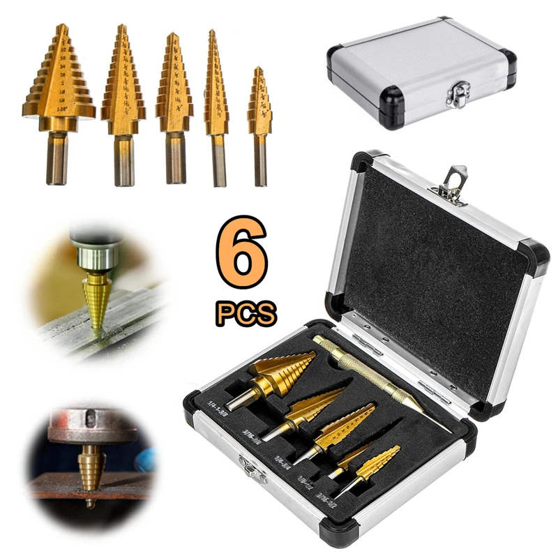 

6Pcs Titanium Drill Bit Set Steel Step Drill Bit Cone Multiple Hole 50 Sizes HSS Drill Bit Set Center Punch for Accurate Locator