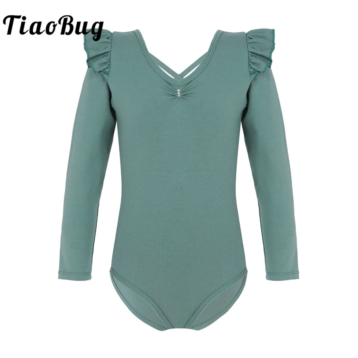 

Little Girl Long Ruffle Sleeve Ballet Leotards Crisscross Straps Back Dance Tops Cotton Gymnastics Bodusuit Activewear Dancewear