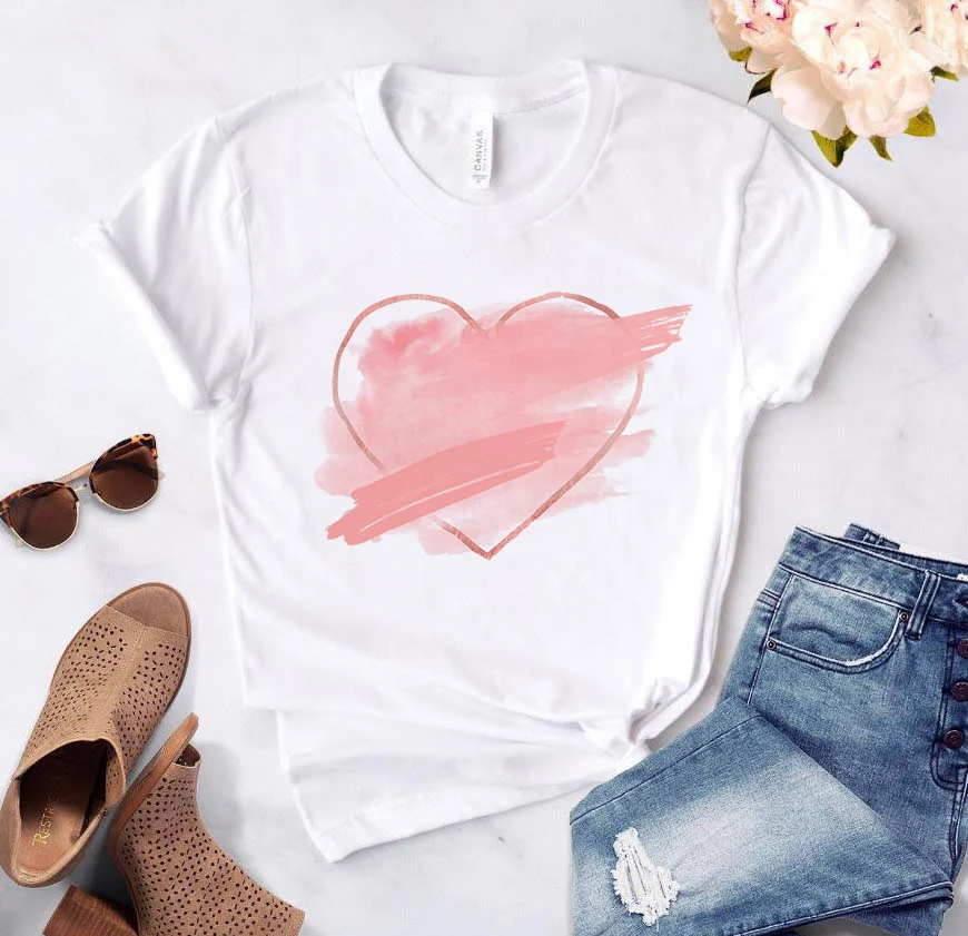 

Women T Shirt 2022 Heart Flower Print Ladies T-shirt Casual Basis O-collar White Short Sleeve Love Graphic Print Plus Size Xxxl