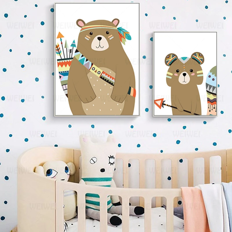 Акварель индийское животное олень медведь лиса искусство Картина на холсте