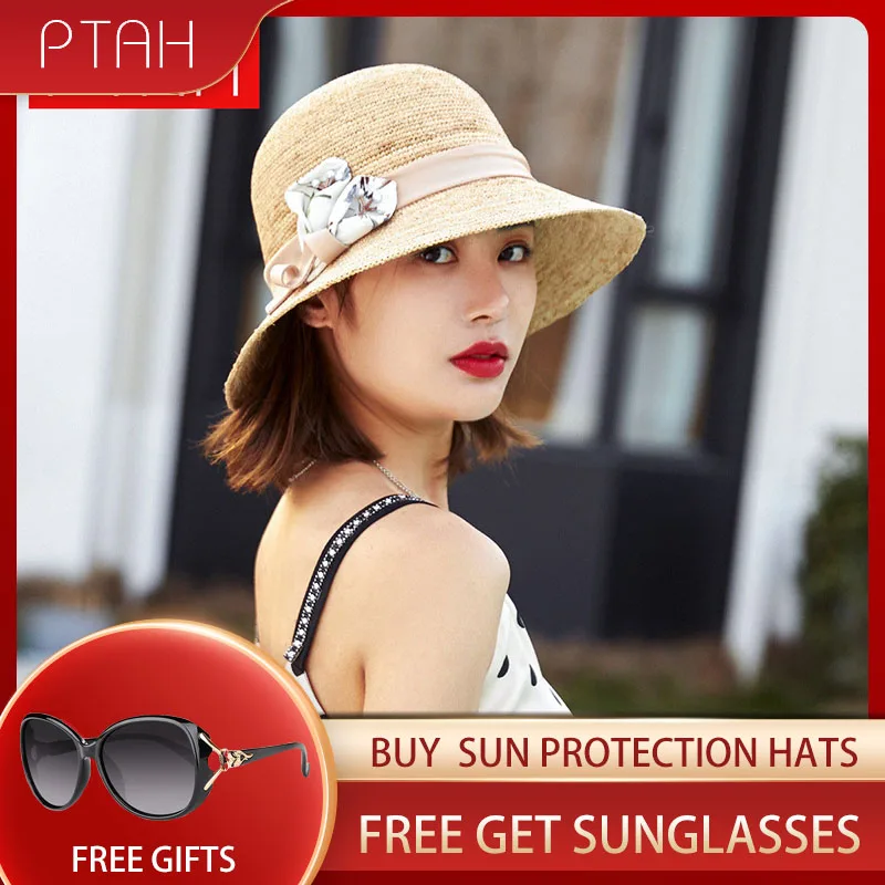 

[PTAH]Fashion Raffia Hat Women UPF 50+ Wide Brim Roll-up Straw Foldable Beach Hat Breathable Sun Protection Visors Straw Weaving