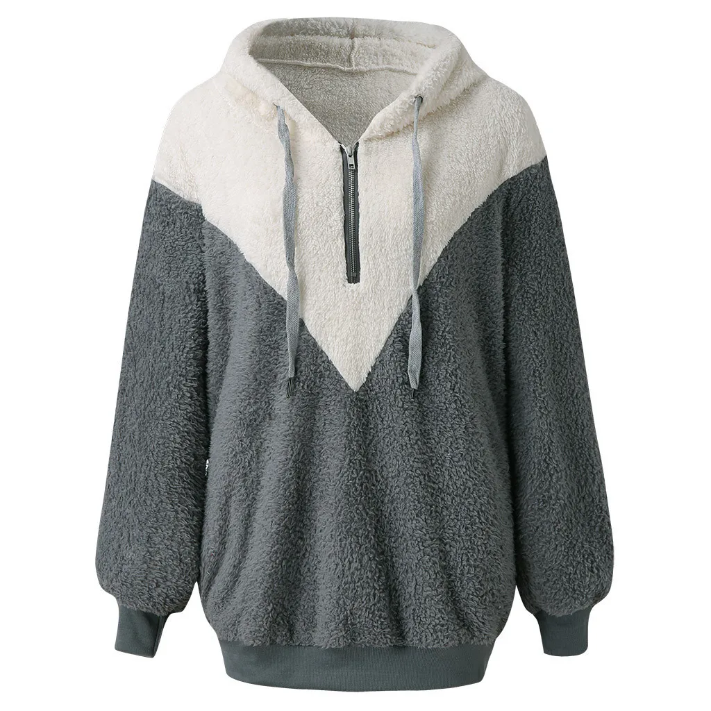 Women Hooded Sweatshirt Patchwork Winter Warm Wool Zipper Pockets Cotton Outwear Las Mujeres Sweetshirts Спортивный Костюм Женск