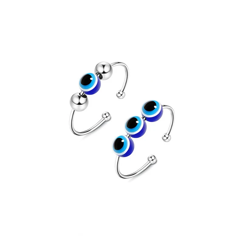 

New Style Evil Eye Open Anxiety Ring With Rotating Beads Sliver Blue Crystal Gothic Charms Adjustable Devil Jewelry for Women