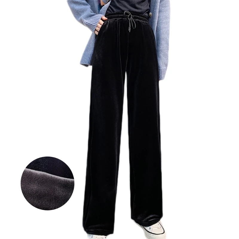 

2021 New Women Velvet Wide Leg Pants Drawstring High Waist Fleece Lined Flare Trousers