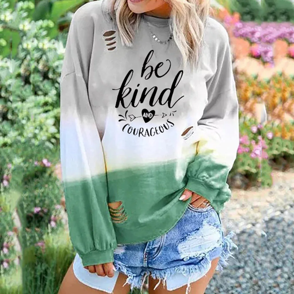 Winter Tie Dry Letter Print Pullover Fashion Ladies Hole Sweatshirt Casual Autumn Hoodied Female Womens Long Sleeve | Женская одежда