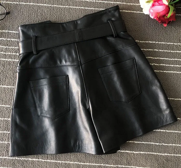 Women quality high waist real shorts 2021 Autumn sheepskin belt leather short trousers A683
