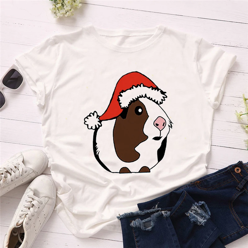 

Luslos Summer Women Short Sleeve Kawaii Penguins Print Winter Casual White T-shirts Christmas New Year Tees Tops Women Clohtes
