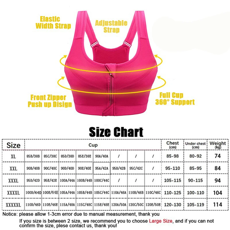 

2021 New Hot Women Fitness Plus Size Yoga Bra Front Zipper Sport Top Push Up Gym Running Shirt Shockproof Athletic Vest