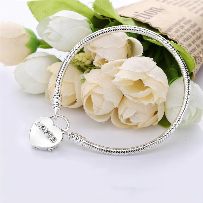 

Authentic 100% 925 Sterling Silver You Are Loved Heart Padlock pan Bracelet Snake Chain For Women Bangle Luxury Jewelry
