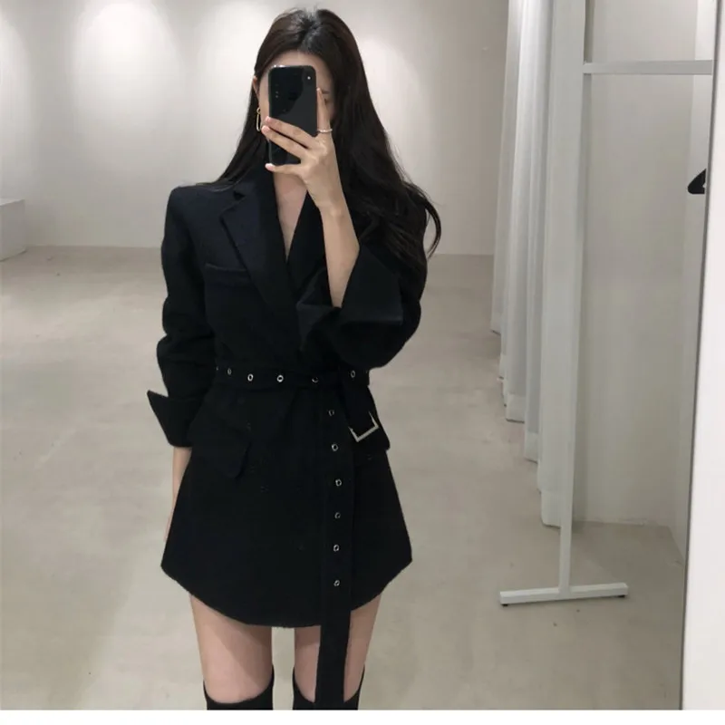 

2020 Winter Spring Elegant Women Blazers Dress Notched Collar Black Jacket Female Woolen Coat Short Dress Suit Dress Vestidos
