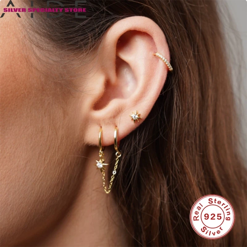 

AIDE Octagonal Star Earrings For Women 925 Silver Earrings Fashionable Hoop Earrings Jewelry Zircon Pendientes Brincos Aretes
