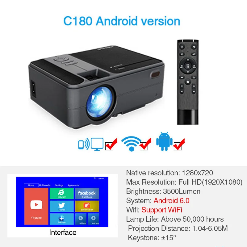 C180AB CAIWEI Smart WiFi Bluetooth Android портативный маленький мини-проектор с поддержкой HD видео домашний кинотеатр Heimkino HDMI VGA проектор - Цвет: C180AB