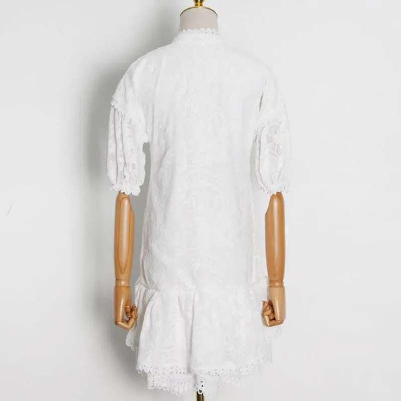

SeeBeautiful Ruffles Hem Embroidery Loose Dress Stand Collar Puff Sleeve Single Breasted New Fashion 2021 Spring Women E139