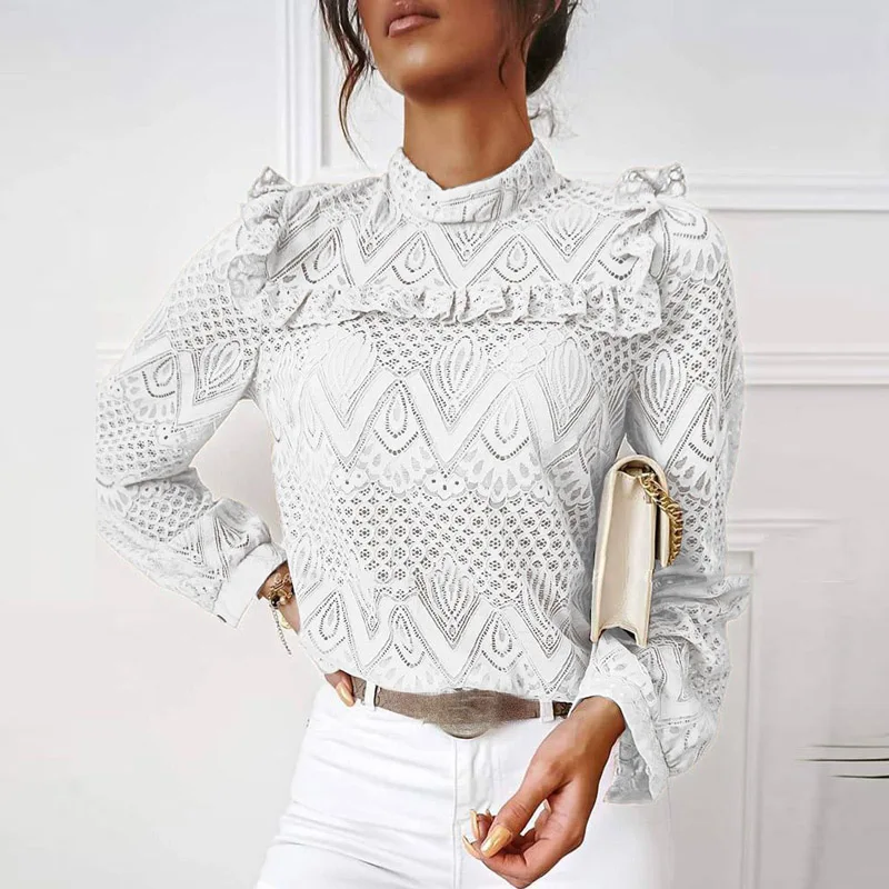 Женская Кружевная футболка с оборками элегантная повседневная ажурная рубашка