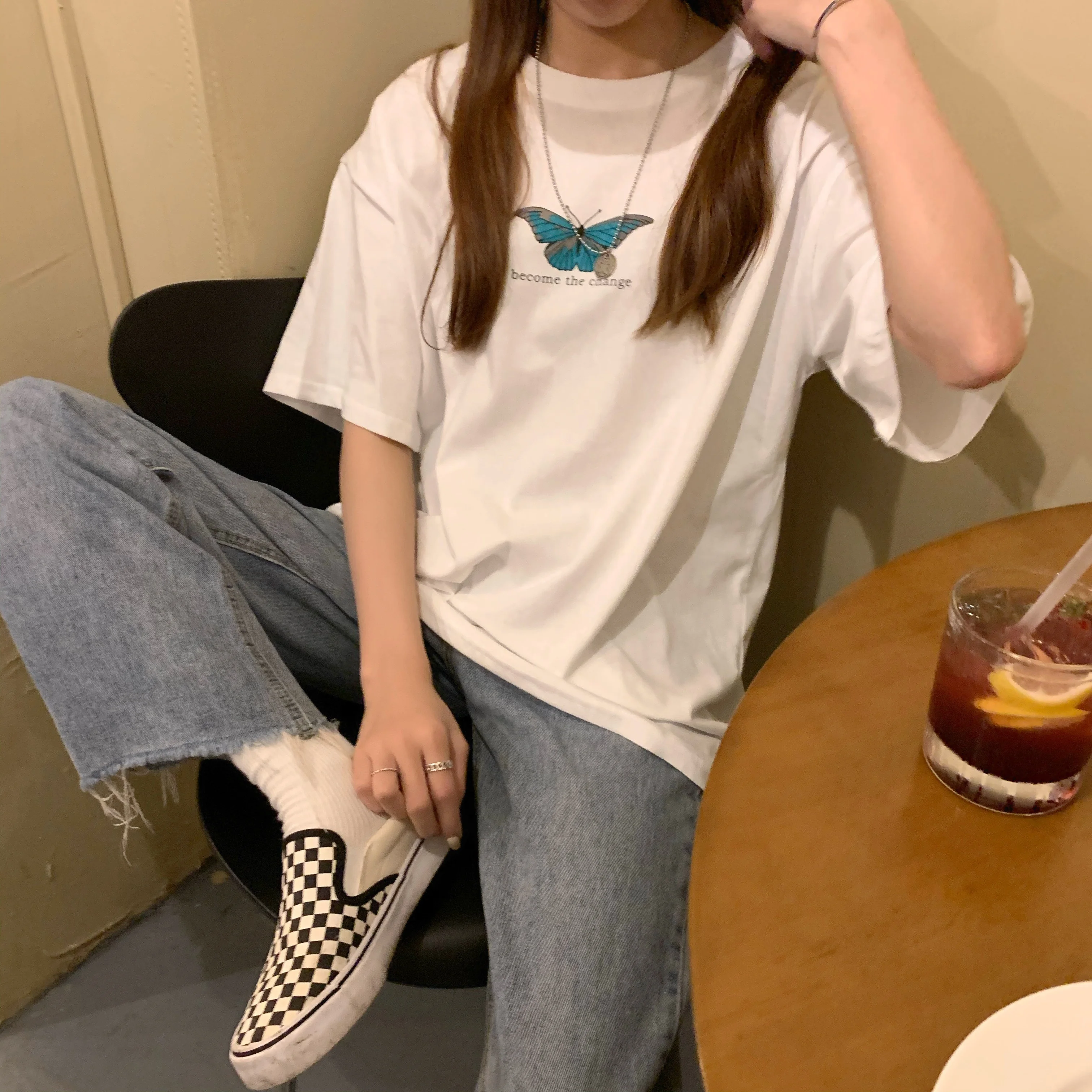 

Fashjonshow-JF Become to Change Butterfly Printed Tshirt Young Girls Style Fashion Printing Cotton Summer Short Sleeve Tops
