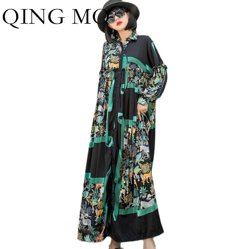 

QING MO Spring Autumn Temperament Long Dress Women Loose And Thin Fashion Printed Dress 2021 New Trend Chiffon Dress ZWL413