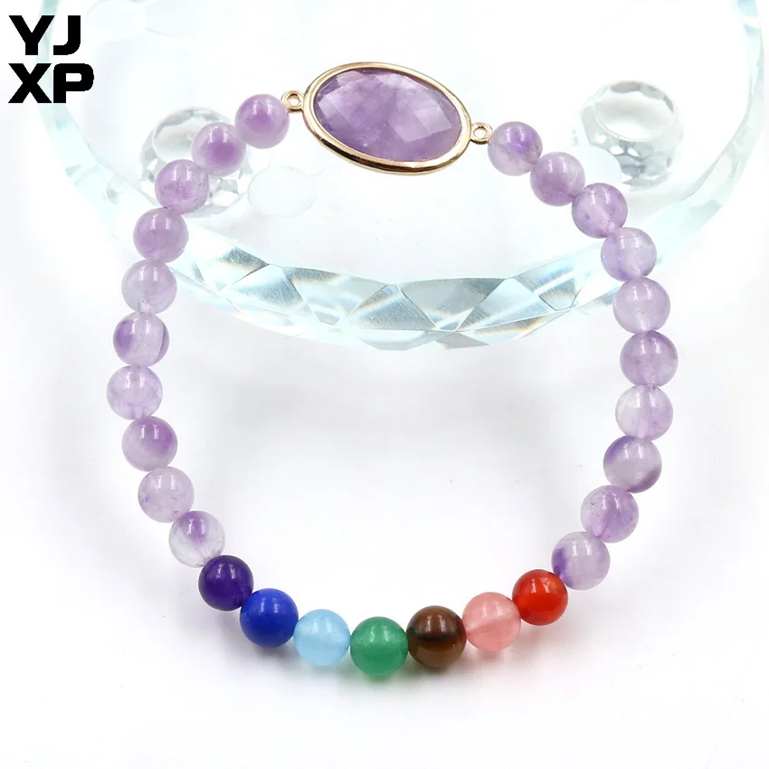 YJXP 7 Chakra Bracelet Natural Crystal Round Beads Double Buckle Connector Bangle Bracelets Women Reiki Amulet Charms Jewelry | Украшения и