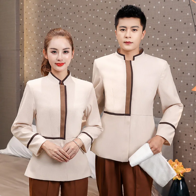 

Supply Hotel Guest Room Cleaning Service Uniform Long Sleeve Contrast Color Bank Office Building Property Cleaning for Women