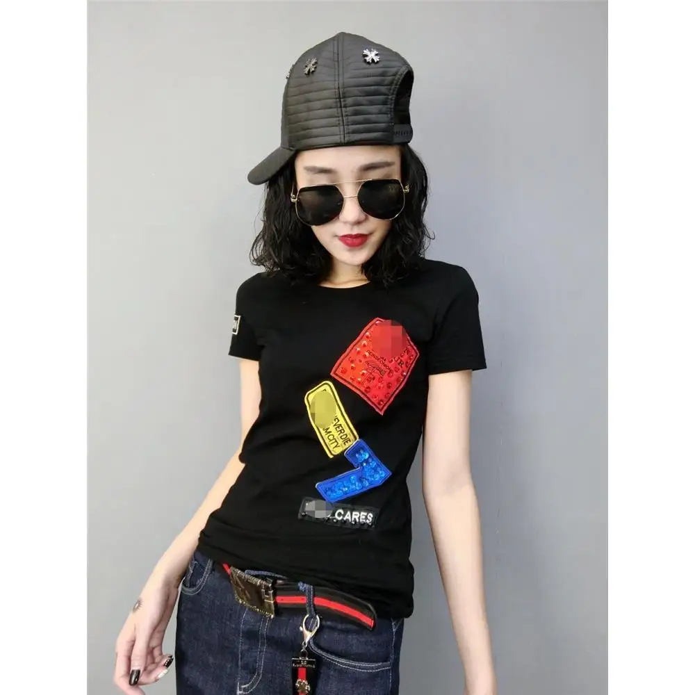 

Spring new women's Sequin embroidery short sleeve versatile slim T-shirt