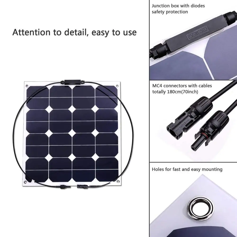 Лучшее качество Полугибкие солнечные панели Sunpower 50 Вт с монокристаллическим солнечным элементом для домашнего использования