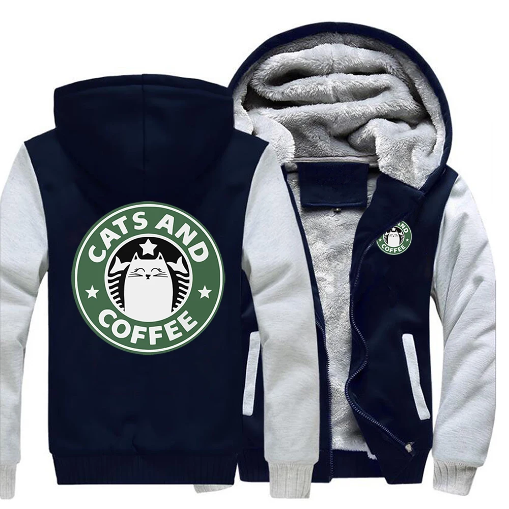 

Funny Cat And Coffee Logo Loose Coat Hoodies Street Outdoor Jackets Top Men Fitted Sweatshirt Winter Warm Printed Casual Coats
