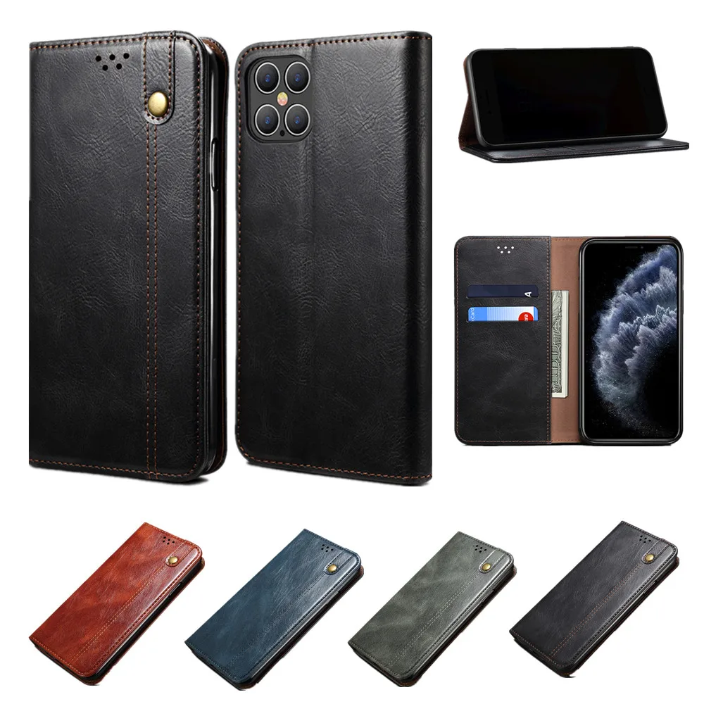 

Leather Flip Case for iPhone 13 12 Mini 11 Pro Max SE 2020 6 7 8 Plus X XR XS Capa Oil Wax Pattern Shockproof Full Protect Cover