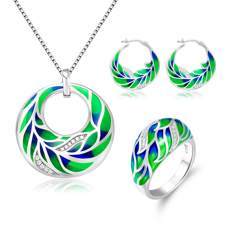 Женский комплект украшений из колье и серёг серебра 925 пробы с эмалью натуральным