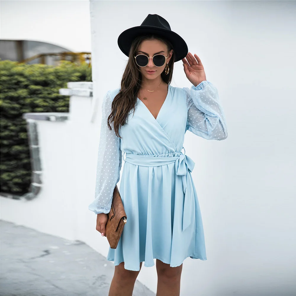 

Spring Autumn V-neck Lace Up Sashes Dress Women New Jacquard Long Sleeve See Through Casual Solid Slim Blue Sweet Vestidos Femme