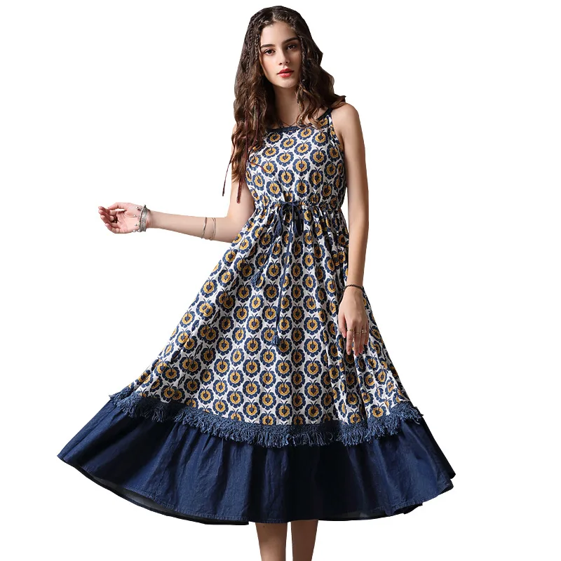 

High Quality Women Beautiful Denim Dress 2021 Newest Brand Lady Vintage Floral Printed Sundresses Summer Suspender Dress Vestido