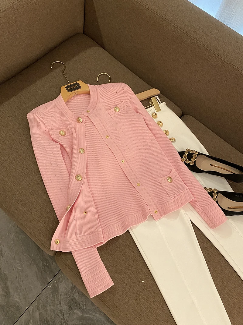 Женский облегающий вязаный свитер на пуговицах розовый кардиган Осень-зима 2021 |