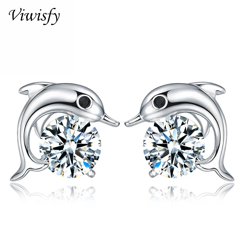 

Viwisfy Crystal Real 925 Sterling Silver Cute Dolphin Stud Earrings For Women Wedding Gift Jewelry VW21062