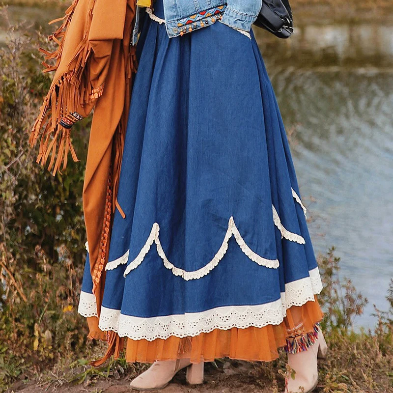 

TIYIHAILEY Free Shipping 2020 New Autumn And Spring Long Maxi High Waist Cotton And Mesh Patchwork Skirt With Big Hem Women Lace