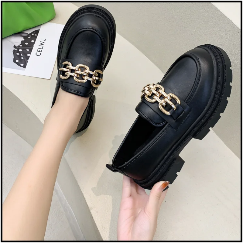 

HKXN 2021 Female Shoes Women Fashion Mary Janes Round Toe Metal Loafers Oxfords Shoes Casual Ladies Heels Shoes for Women