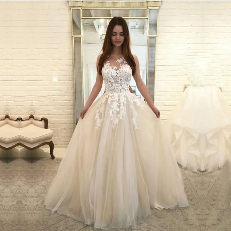 

JIERUIZE Lace appliques Wedding Dresses Sheer Scoop Neck Sleeveless Boho Bridal Dress Wedding Gowns robe de mariee