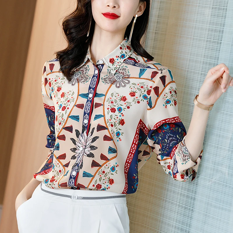 

Spring Autumn 100% Natural Silk Women Shirt Elegant Turn-down Collar Long Sleeve Pure Real Silk Vintage Print Lady Blouse Tops