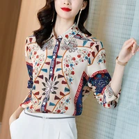 spring autumn 100 natural silk women shirt elegant turn down collar long sleeve pure real silk vintage print lady blouse tops