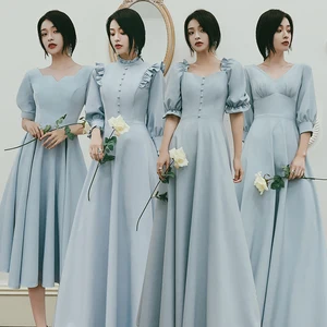 Bridesmaids Dresses Illusion Jersey Three Quarter V-Neck Floor-Length Pleat Button Luxury A-Line Women Wedding Party Gown E283 Bridesmaids Dresses Illusion Jersey Three Quarter V-Neck Floor-Length Pleat Button Luxury A-Line Women Wedding Party Gown E283