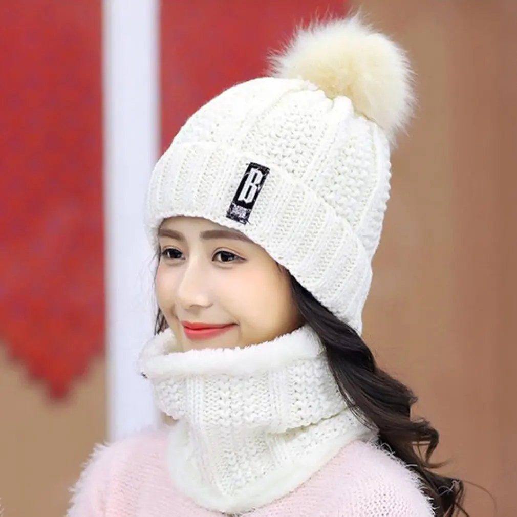 

Anti-fog Hats Women Winter Beanies Thicker Bib Mask Skullies Beanie Hats Dustproof Hats Female Warm knitted Wool Cap Scarf Set