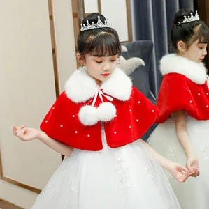 Красная теплая шаль-накидка для девочек Болеро Меховые помпоны куртка на шнуровке Толстая зимняя накидка Детские свадебные аксессуары