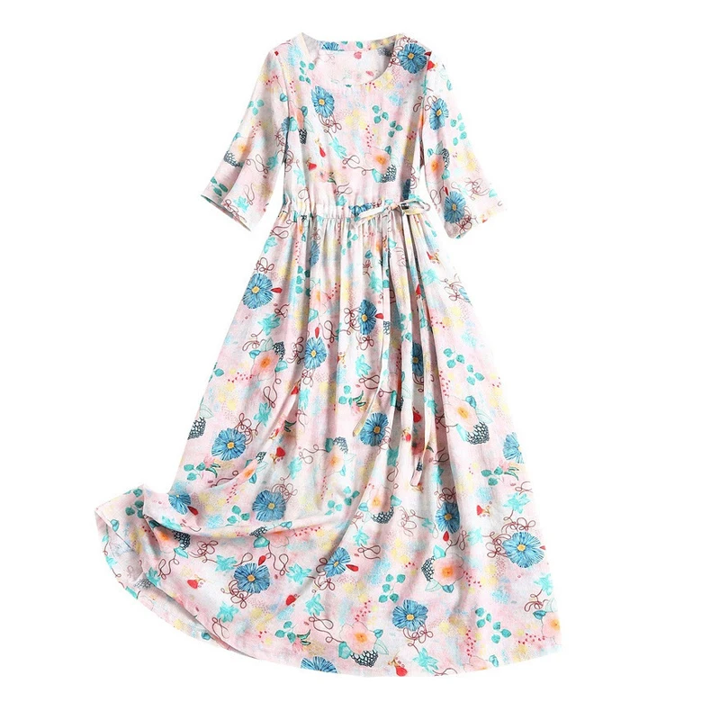 

AELESEEN Runway Fashion Women Spring New Arrival Dress Half Sleeve Floral Print Wasit Adjust Midi Elegant Holiday Dress