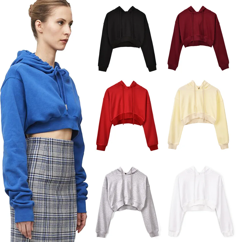 

Solid Color Drawstring Long Sleeves Hooded Crop Tops New Autumn European & American Casual All Matching Hoodie Women