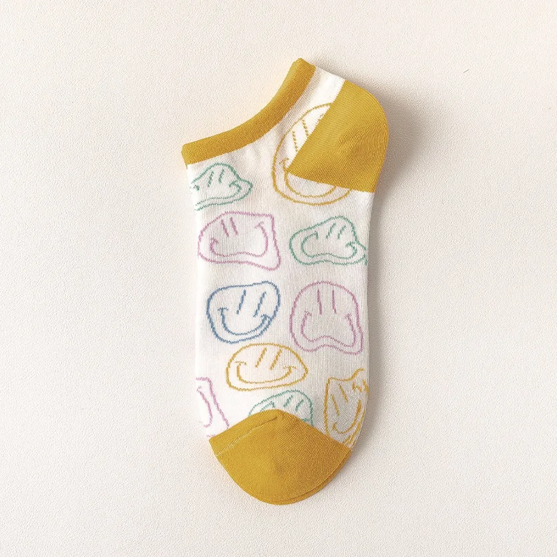 

10pairs/lot Spring Summer New Cotton Cute Cartoon Yellow Women's Ship Socks Ankle Woman Art Lattice Stripe Smiley Splicing