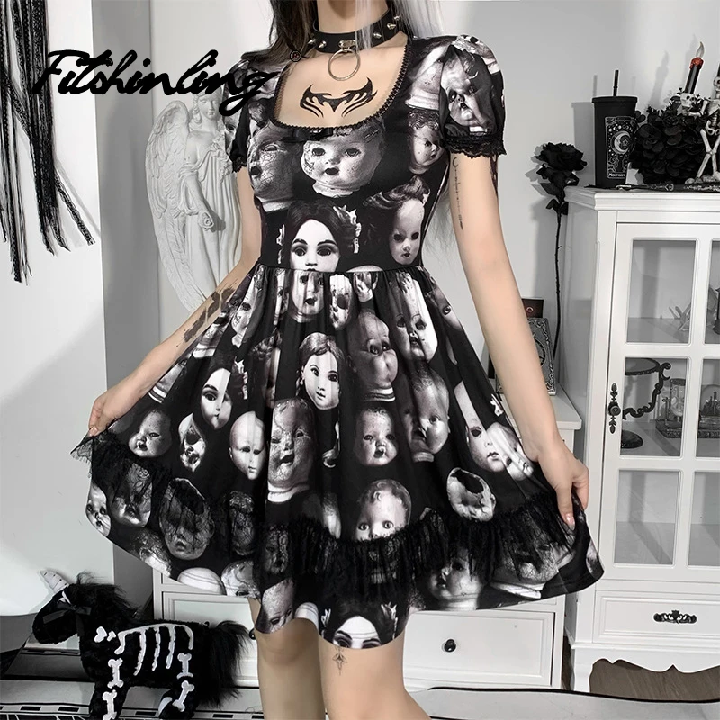 

Fitshinling Gothic Dress Face Printed Dark Puff Sleeve Lace Square Collar Pleated Grunge Skull Dresses Goth Vestido Feminino