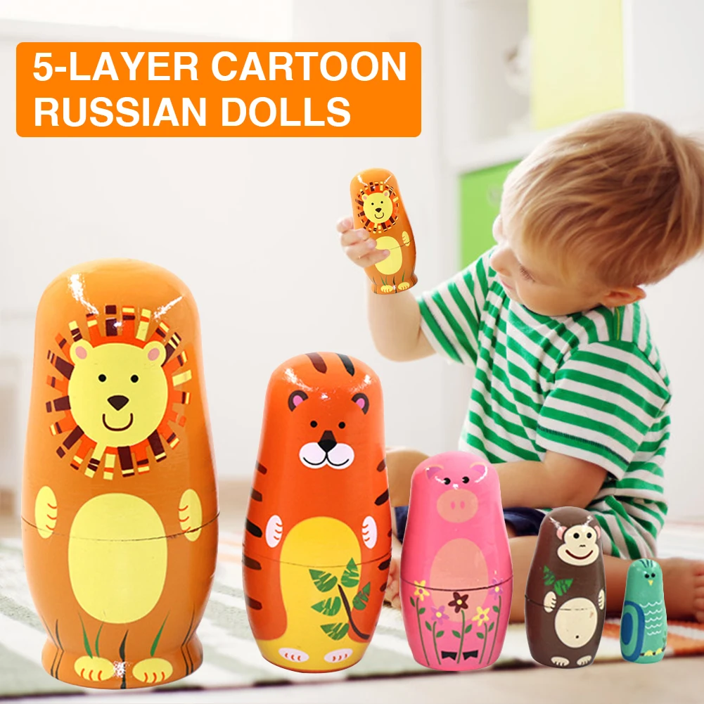

5pcs Cartoon Tiger Wooden Russian Matryoshka Dolls Nesting Kids Toy Handmade Art Crafts Painted Nesting Dolls for Children Gifts