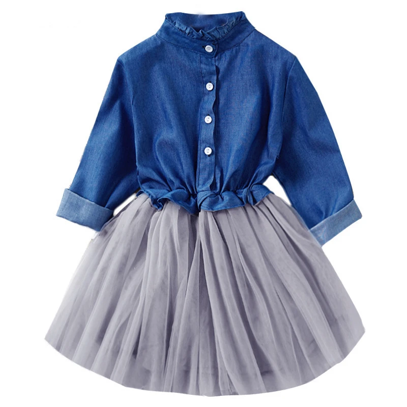 

Girls Denim Veil Buttons Dress Children Spring And Autumn Fashion And Leisure Long Sleeve Clothing Baby 3-8 Years Kids Skirt