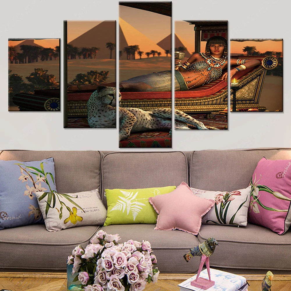 

5 Pieces Wall Art Canvas Painting Character Poster Retro Ancient Egyptian Women Pictures Home Decoration Modern Living Room