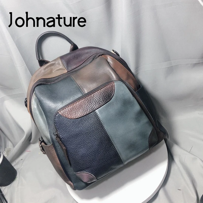 Женский винтажный мини-рюкзак Johnature из натуральной кожи со вставками случайный