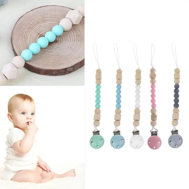 

Candy Color Pacifier Clip Chain Holder Wood Silicone Beads Nipple Dummy Holder